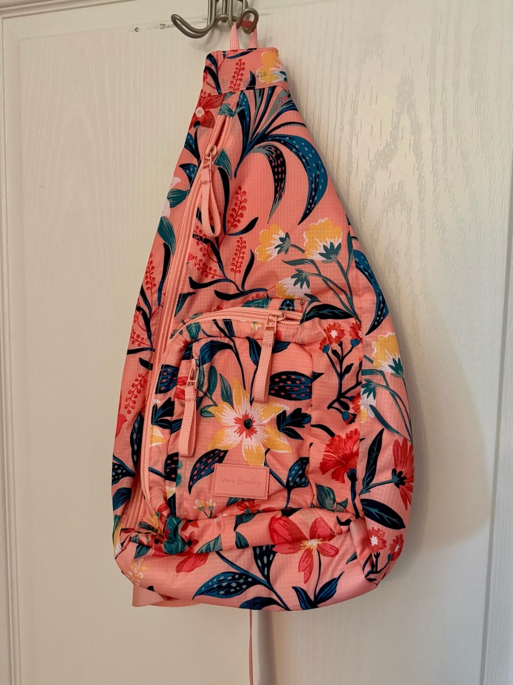 Vera Bradley Coral Pink Floral Sling Backpack with Multicolor Blooms